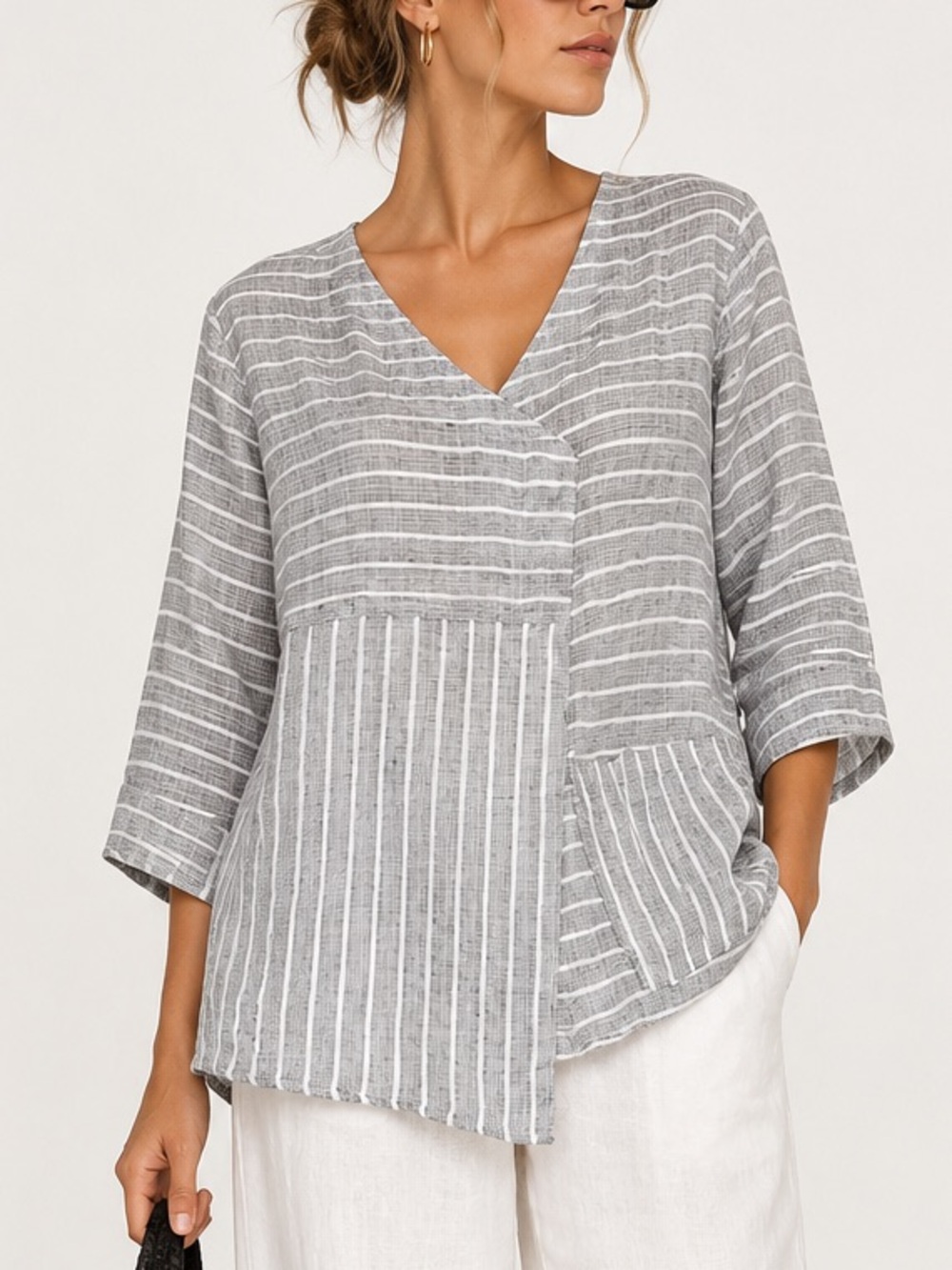 OSKA Gray White Striped Linen Tunic Top Asymmetrical Patch Pockets Size small